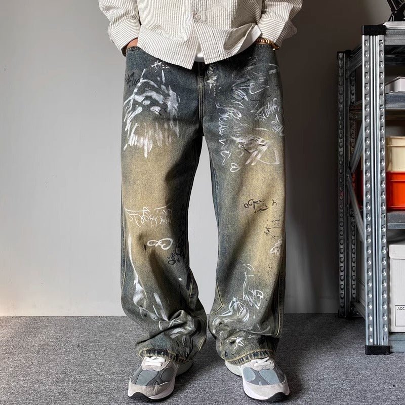 Style Heavyweight High - End Patchwork Design Jeans for Men, Loose Streetwear Wide - Leg Straight Leg Pants, Long Casual - 𝐃𝐔𝐕𝐋𝐀𝐒𝐇𝐎𝐏