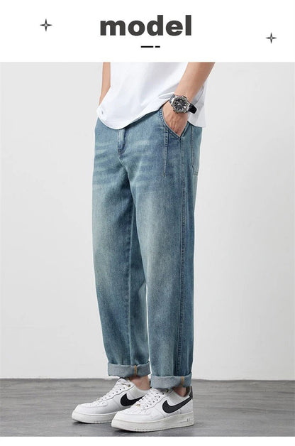 Summer Ice Silk LyocellTencel straight jeans men's light blue retro loose small straight tube elastic denim thin version pants - 𝐃𝐔𝐕𝐋𝐀𝐒𝐇𝐎𝐏