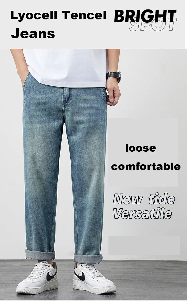 Summer Ice Silk LyocellTencel straight jeans men's light blue retro loose small straight tube elastic denim thin version pants - 𝐝𝐮𝐯𝐥𝐚𝐬𝐡𝐨𝐩.𝐜𝐨𝐦