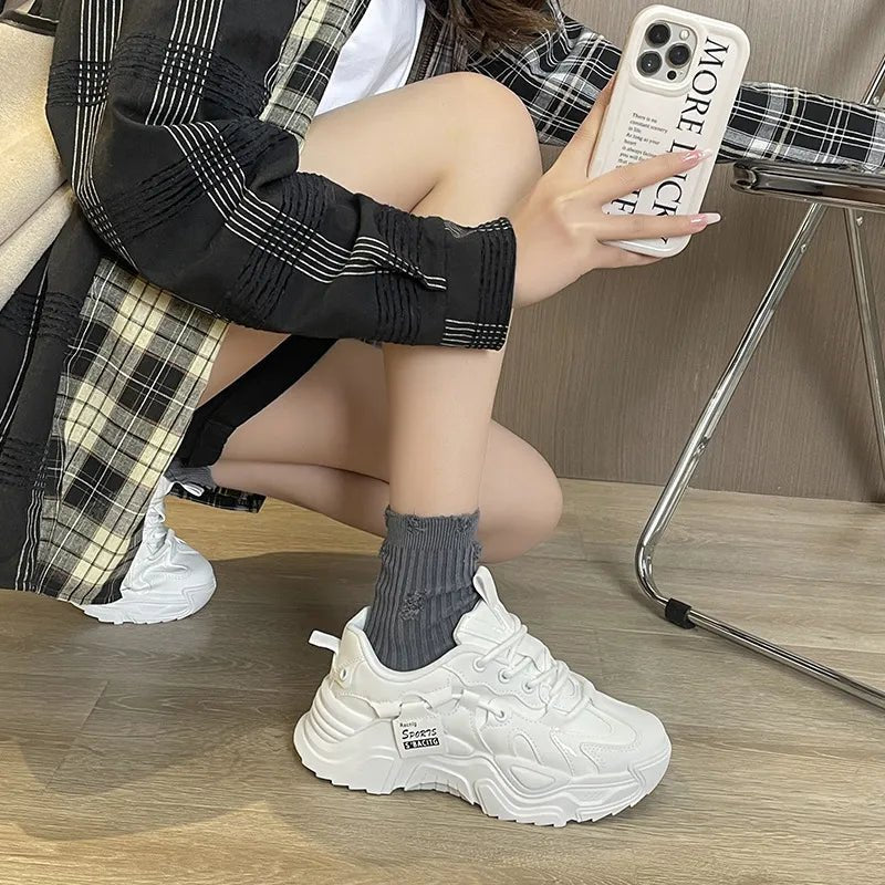 Thick soled women's white single shoes Korean version color blocked lace up height for casual running - 𝐝𝐮𝐯𝐥𝐚𝐬𝐡𝐨𝐩.𝐜𝐨𝐦