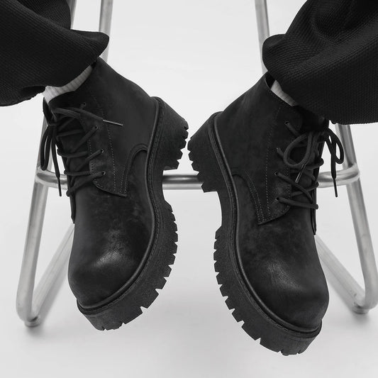 Unisex Height Increasing Leather Boots – Vintage Round Toe Lace - Up Thick Bottom Ankle Shoes for Fall Winter Daily Wear - 𝐃𝐔𝐕𝐋𝐀𝐒𝐇𝐎𝐏