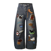 Vintage Cartoon Towel Embroidery Washed Knife - Edge Jeans Men Autumn Pendant Design Loose Wide - Leg Pants - 𝐃𝐔𝐕𝐋𝐀𝐒𝐇𝐎𝐏