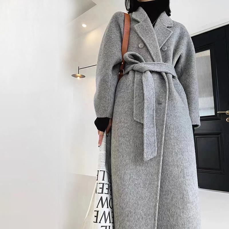 Winter Popular New Long Mulberry Silk Woolen Overcoat Women Double Breasted Lacing Belt Classic Pink Loose Wool Coat Jacket - 𝐃𝐔𝐕𝐋𝐀𝐒𝐇𝐎𝐏