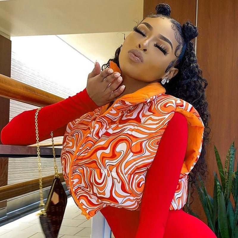 Winter printed vest warm stand collar short coat cotton coat - 𝐃𝐔𝐕𝐋𝐀𝐒𝐇𝐎𝐏