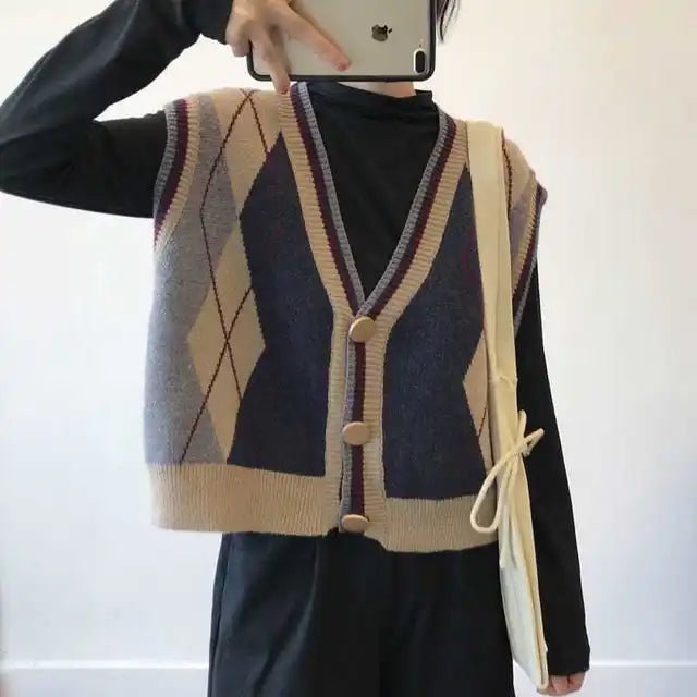 Women Clothing Vintage Argyle Knitted Sweater Vest Y2K Casual V Neck Loose All Match Waistcoat Simple Sleeveless Button Cardigan - 𝐝𝐮𝐯𝐥𝐚𝐬𝐡𝐨𝐩.𝐜𝐨𝐦