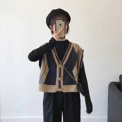 Women Clothing Vintage Argyle Knitted Sweater Vest Y2K Casual V Neck Loose All Match Waistcoat Simple Sleeveless Button Cardigan - 𝐝𝐮𝐯𝐥𝐚𝐬𝐡𝐨𝐩.𝐜𝐨𝐦