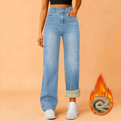 Women Winter Thciken Fleece Warm Denim Jeans Ladies High Street Straight Pants - 𝐃𝐔𝐕𝐋𝐀𝐒𝐇𝐎𝐏