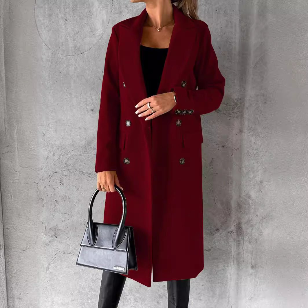 Women's Spring Fashion Wool CoatSolid Color Long Sleeve Double - Breasted Patch Pocket Versatile Outerwear - 𝐃𝐔𝐕𝐋𝐀𝐒𝐇𝐎𝐏